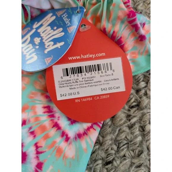 NWT Hatley Swim Rainbow Tie Dye Glow Hearts 1 Piece Swimsuit Ruffle Trim Girls 8 - Picture 4 of 7